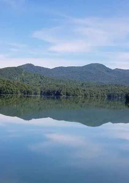 Peaceful mountain lake view near Smoky Mountain cabin rental