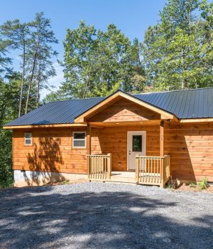 Cabin exterior surrounded by trees for Cabin Rental stays